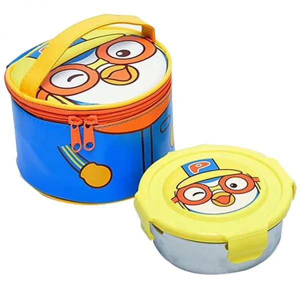 릴팡 뽀로로 원형 스텐 가방 도시락 2단, 혼합 색상, 1세트