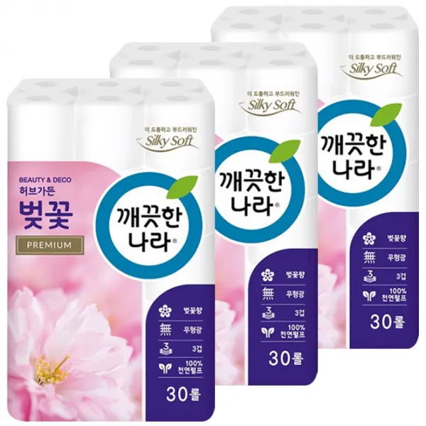 깨끗한나라 허브가든 벚꽃 프리미엄 천연펄프 3겹 롤화장지 27m, 30롤, 3팩
