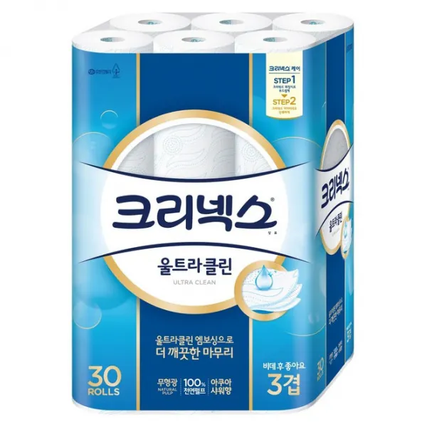 크리넥스 3겹 울트라 클린 롤화장지 천연펄프 27m 30롤 1팩