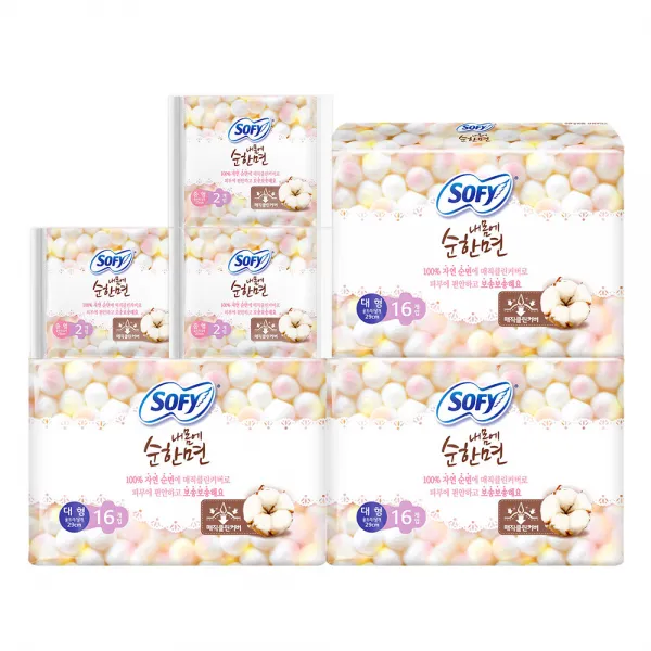 쏘피 내몸에 순한면 대형 16p x 3팩 + 중형 2p x 3팩 날개형 생리대, 1세트
