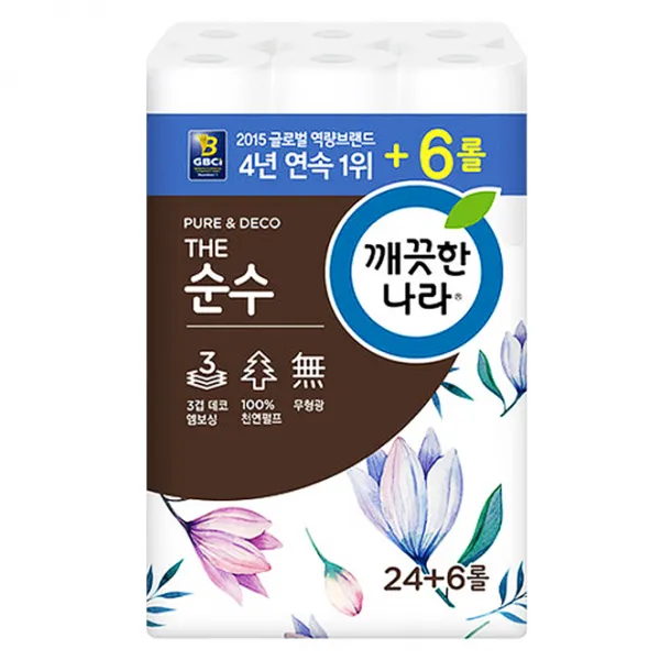 깨끗한나라 3겹 데코 더 순수 천연펄프 롤화장지 27 M 30롤 1개