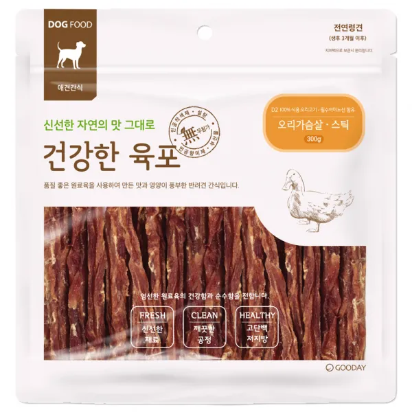 굿데이 건강한육포 반려견간식 대용량 300g, 오리가슴살 스틱, 1개