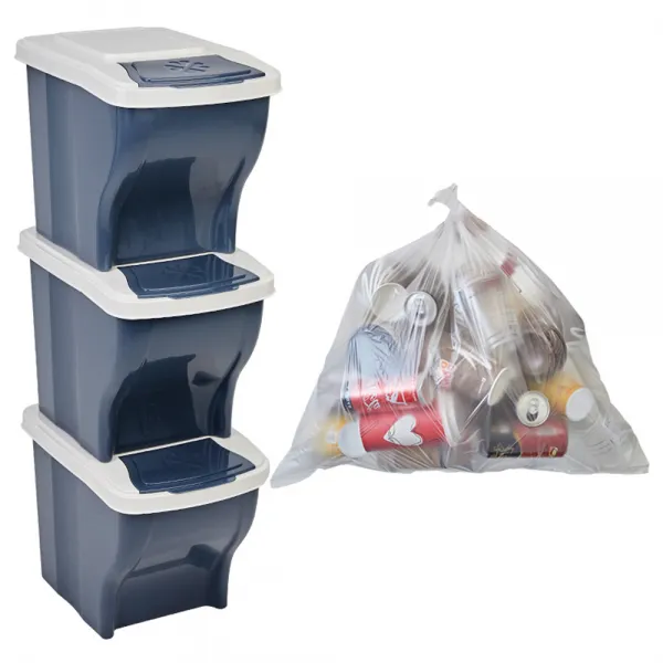 리벤스 가정용 분리수거함 3p + 분리수거 비닐봉투 40L 100p + 스티커, 애쉬블루, 1세트