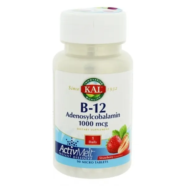 Kal B-12 아데노실코발라민 1000mcg 스트로베리 인스턴트 디졸브 마이크로 타블렛, 90개입, 1개