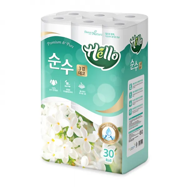 헬로 순수 천연펄프 3겹 데코 롤화장지 30 m, 30롤, 1팩