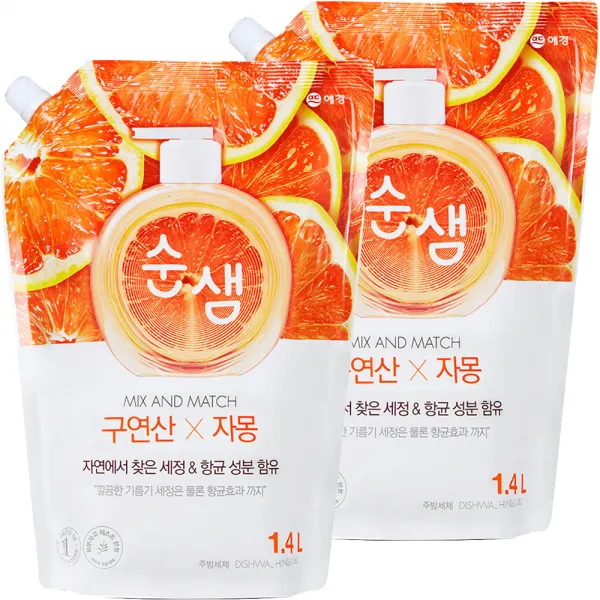 순샘 구연산 자몽 주방세제 리필, 1.4L, 2개