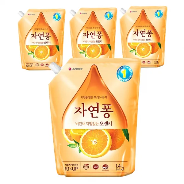 자연퐁 비린내 걱정없는 오렌지 리필형 주방세제, 1.4L, 4개