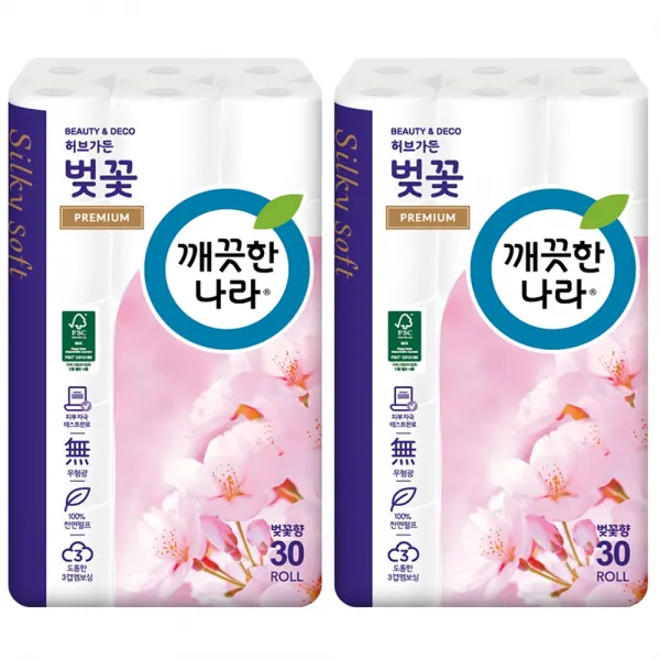 깨끗한나라 허브가든 벚꽃 프리미엄 3겹 롤화장지 천연펄프 27m, 30롤, 2팩