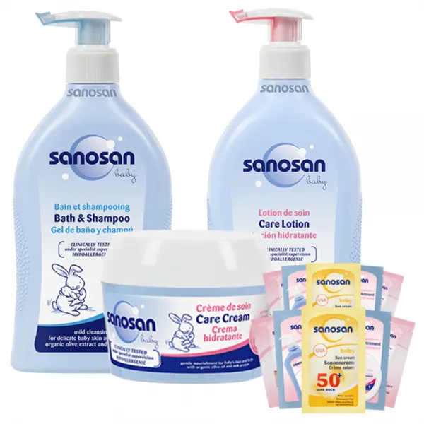 사노산 베이비 바스앤샴푸 500ml + 케어로션 500ml + 케어크림 150ml + 사셰 8ml x 10p 랜덤 발송, 1세트