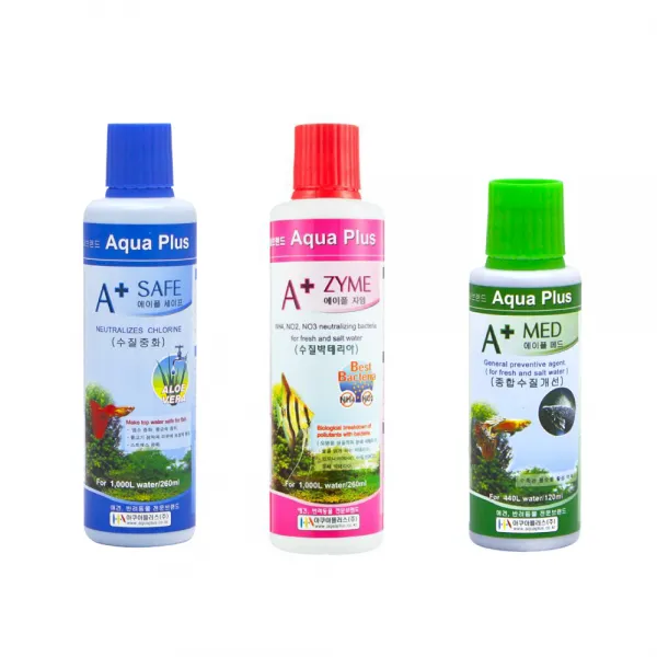 아쿠아플러스 수족관 세이프 수질 안정제 260 ml + 자임 수질 박테리아 260 ml + 메드 종합 예방제 120 ml, 1세트