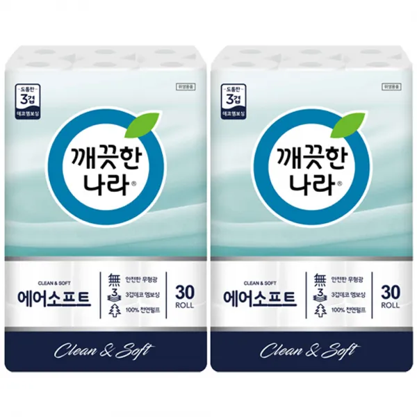깨끗한나라 3겹데코 에어소프트 천연펄프 롤화장지 30m, 30롤, 2개