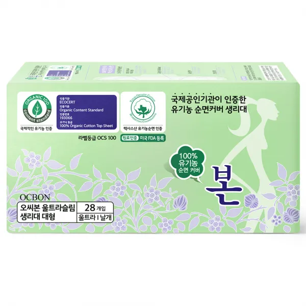 유기농본 유기농순면커버 대형 생리대 날개형, 28매입, 1개
