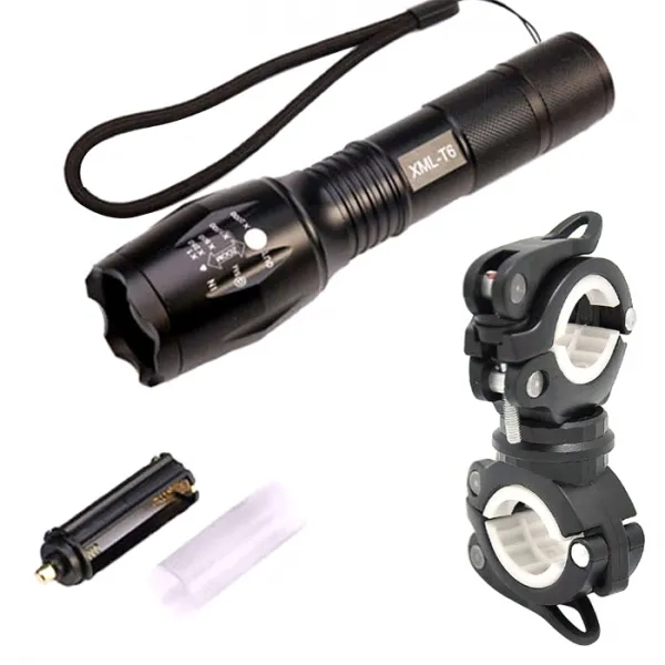 CREE 고휘도 줌라이트 1000루멘 자전거랜턴 XML T6 + 360도 회전형 멀티거치대, 랜턴(검정), 거치대(블랙 + 화이트), 1세트