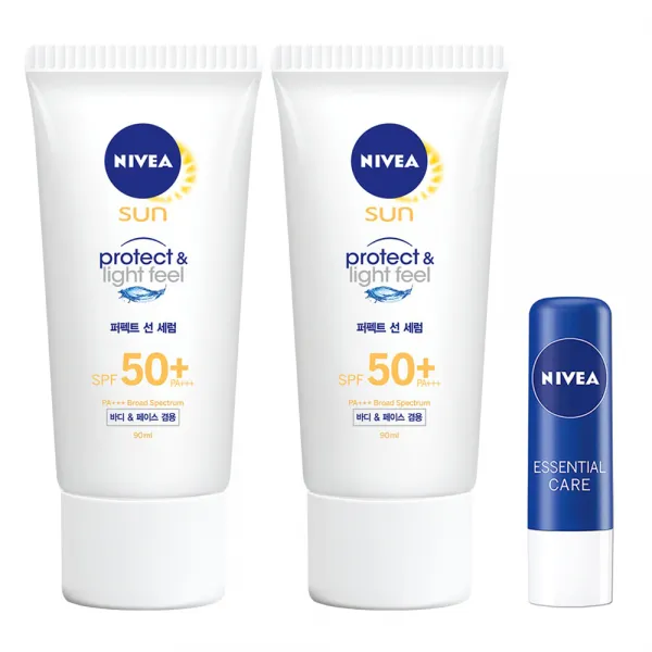 니베아 프로텍트 앤 라이트 필 퍼펙트 선세럼 SPF50+ PA+++ 90ml x 2p + 립케어 에센셜, 1세트