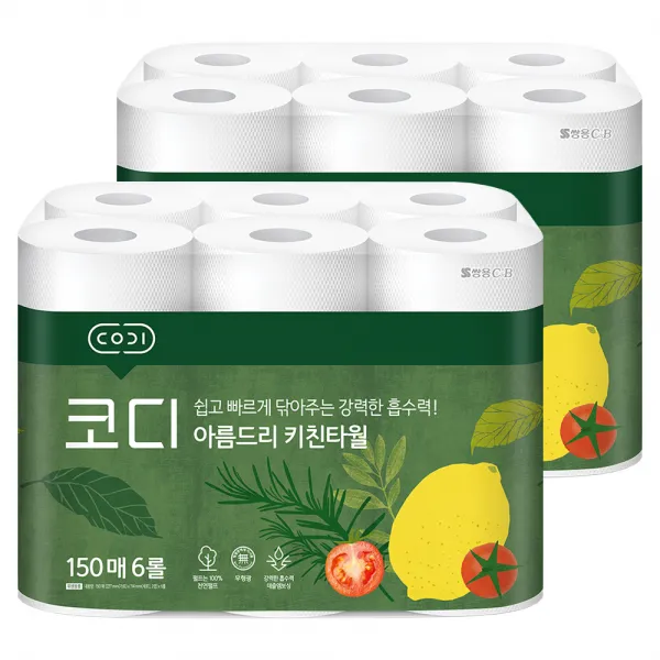 코디 아름드리 천연펄프 키친타올 150매, 6개입, 2개