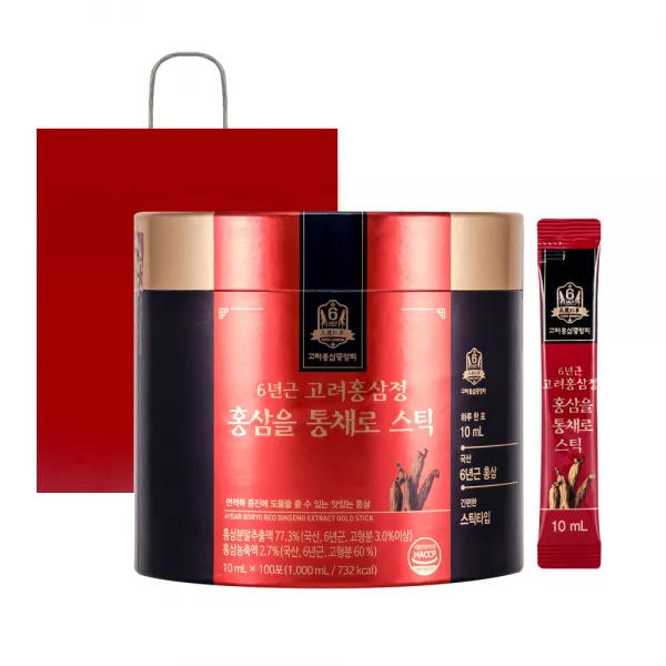 고려홍삼중앙회 6년근 고려홍삼정 홍삼을 통채로 스틱 +쇼핑백, 100개, 10ml