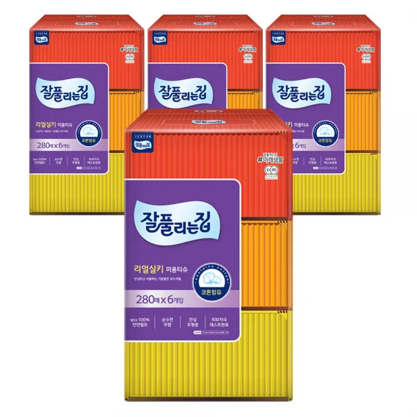 잘풀리는집 리얼실키 천연펄프 미용티슈 280매, 6개입, 4팩