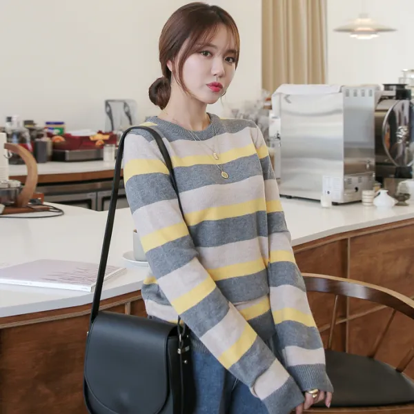 빼빼 여성용 쫀득텐션 3도배색 스트라이프 라운드넥 니트 티셔츠