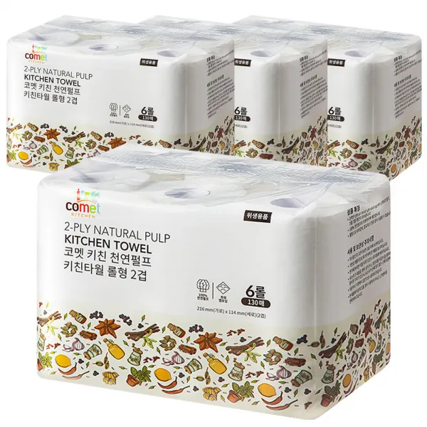 코멧 키친 천연펄프 키친타올 롤형 130매 2겹, 6롤, 4팩