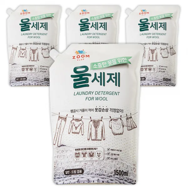 줌 플러스 울세제 파우치형 리필, 1.5L, 4개