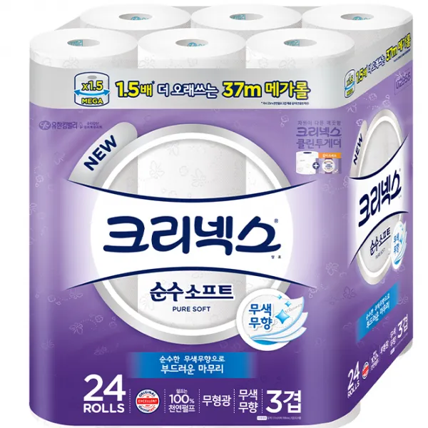 크리넥스 3겹 순수소프트 화장지 37m, 24롤, 1팩