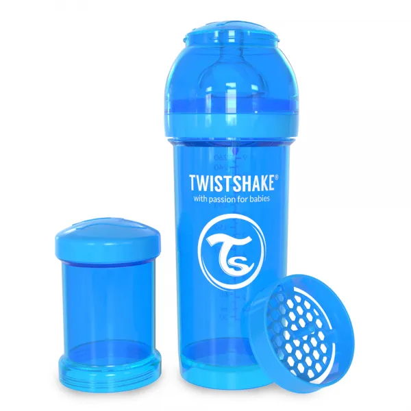 트위스트쉐이크 컬러젖병 + 뚜껑 + 믹서망 + 분유통 + 젖꼭지 세트 260ml, M (4~6개월), 파랑색