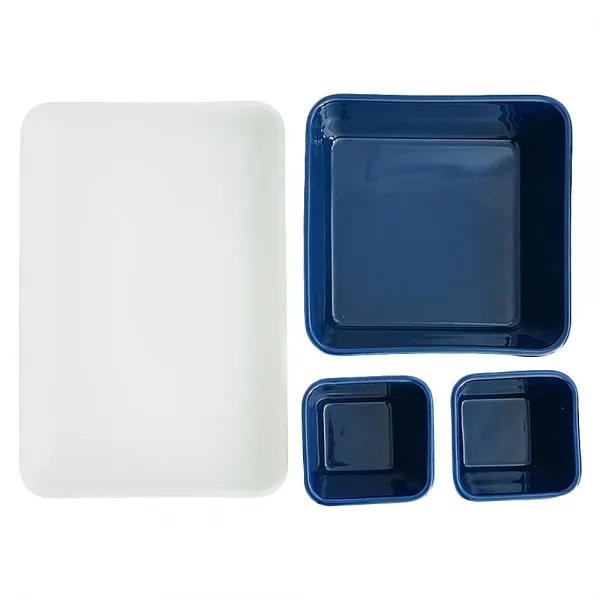 바람 로제 사각 접시 4p 세트 네이비 + 화이트 1세트 사각접시 + 사각쿠프 + 미니사각쿠프 2p