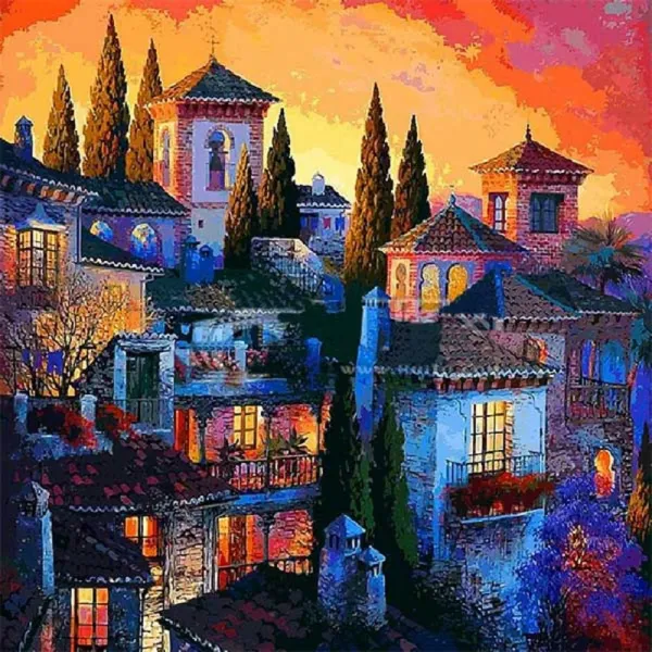 케이엠엘리 3d 보석십자수 Diy 세트 노을진 마을 50 X 50 Cm 혼합 색상 1세트