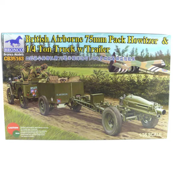 BRONCO BRO3148 1:35 영국군 75mm 곡사포 M1A1&1/4톤 트럭&트레일러&대원 프라모델, 1개