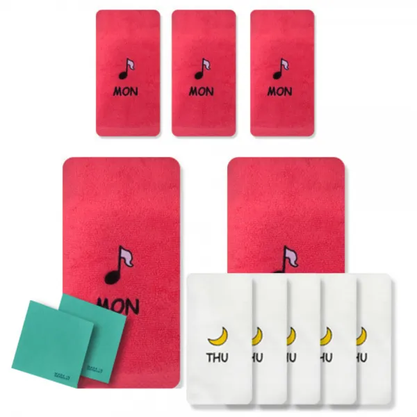 송월타월 큐티데일리 요일수건 월요일 빨강 5p + 목요일 흰색 5p + 독일행주 2p 랜덤 발송, 혼합 색상, 1세트