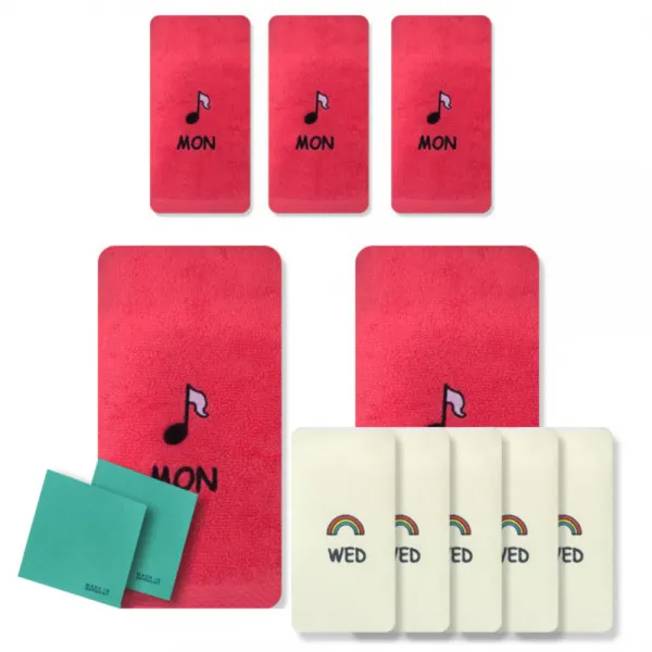 송월타월 큐티데일리 요일수건 월요일 빨강 5p + 수요일 노랑 5p + 독일행주 2p 랜덤 발송, 혼합 색상, 1세트