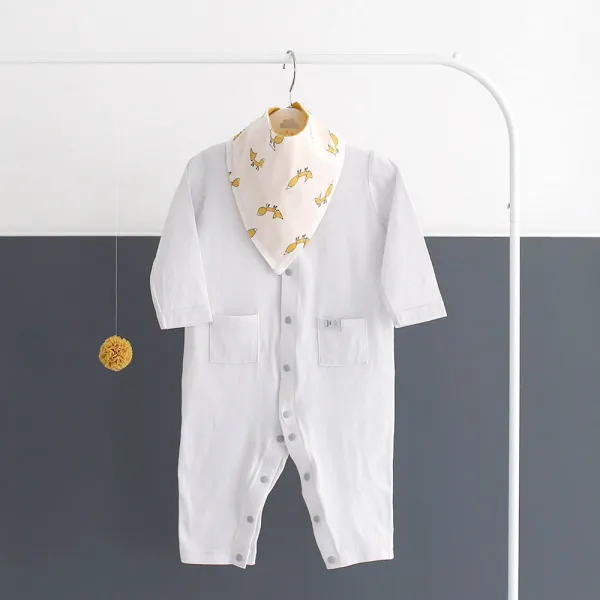 달퐁 신생아용 옐로우 여우 긴팔 우주복 턱받이포함