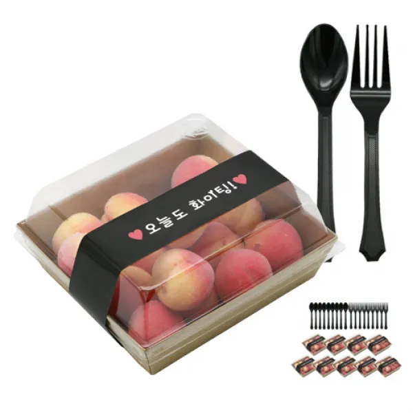 도나앤데코 샌드위치 용기 정사각 크라프트 10p + 띠지스티커 블랙 오늘도 화이팅 10p + 블랙스푼 10p + 포크 10p, 1세트, 용기하단 10p + 뚜껑 10p + 띠지스티커 10p + 스푼 10p + 포크 10p