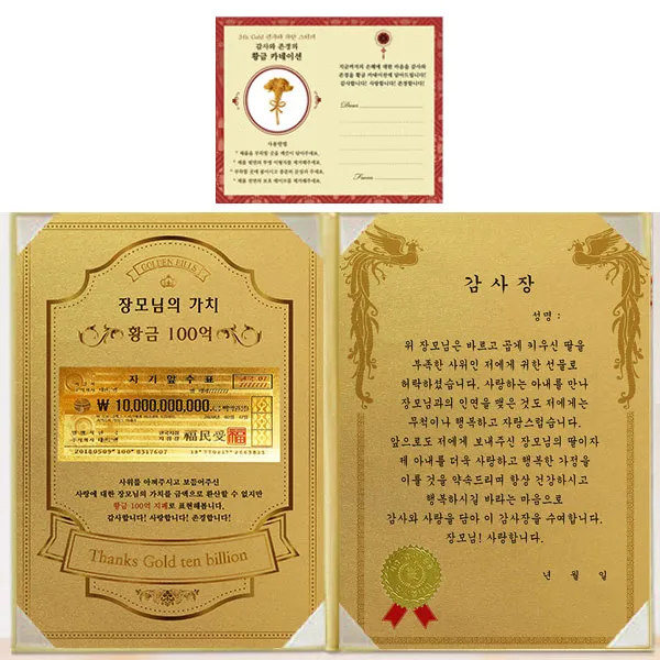 럭키심볼 장모님의 가치 100억 감사장 장모님 감사장 + 골드 카네이션 전자파 스티커