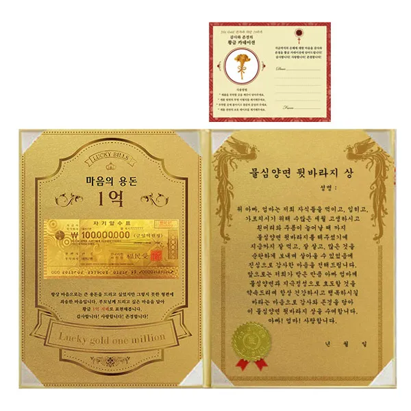 럭키심볼 어버이날 마음의 용돈 황금 1억 감사장 + 24K골드 카네이션 전자파 스티커, 1세트, 물심양면 뒷바라지 상