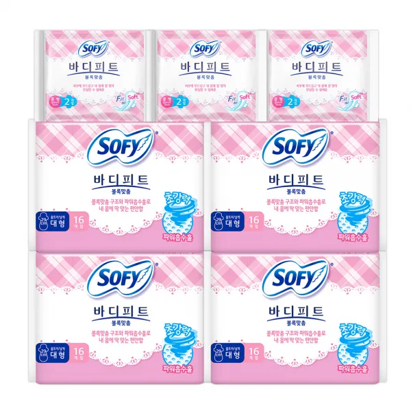 쏘피 바디피트 볼록맞춤 대형 생리대 날개형 16p x 4팩 + 중형 2p x 3팩, 1세트