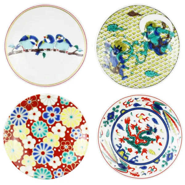 구타니야키 운수 접시 9.5cm x 4p, 1세트, 접시 곤줄박이 + 풍신뇌신 + 매국 + 오색용
