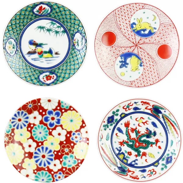구타니야키 운수 접시 9.5cm x 4p, 1세트, 접시 매국 + 오색용 + 원앙새 + 토끼