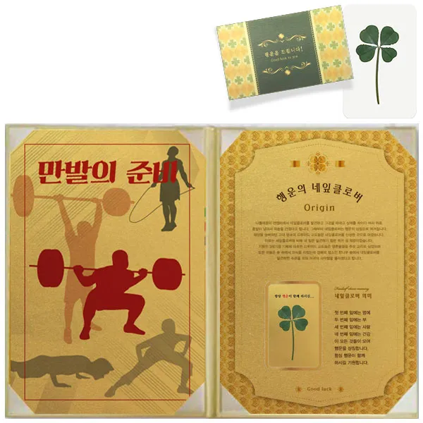 럭키심볼 행운의 선물 네잎클로버 생화 수능 고급케이스A4 + 생화 코팅카드, 만발의준비, 1세트