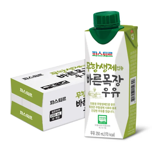 파스퇴르 무항생제 바른목장 우유 250ml 18개입