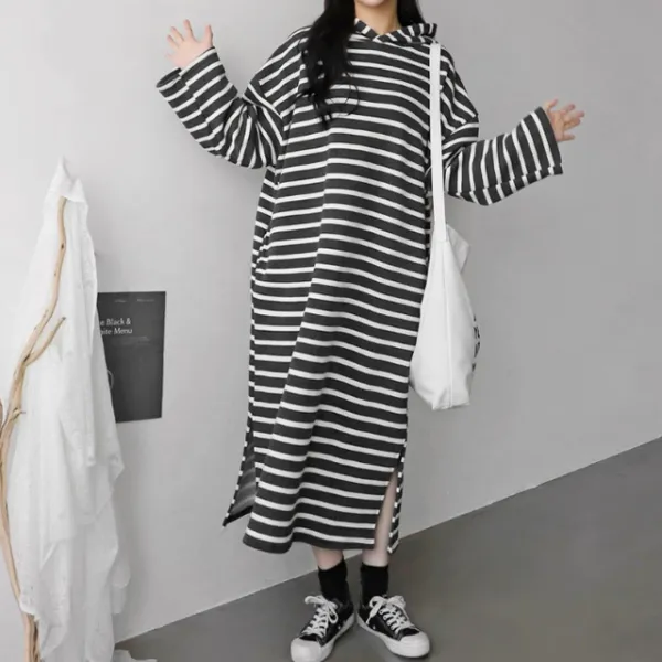 보리맘 기모 스트라이프후드 임산부 원피스 Y00 챠콜