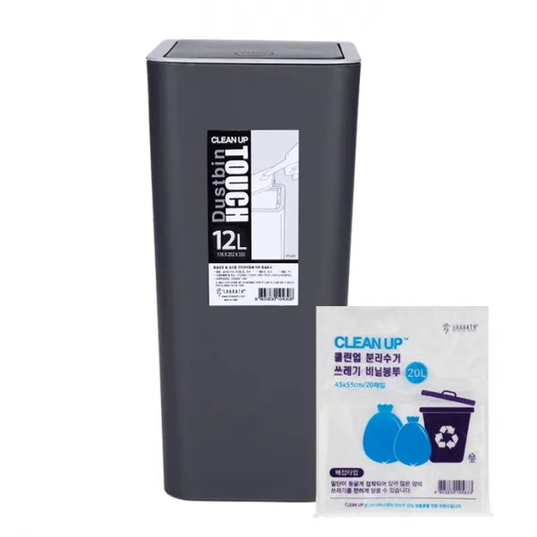 클린업 스윙 터치 휴지통 12L + 샤바스 분리수거 비닐봉투 20L 20p, 블랙, 1세트