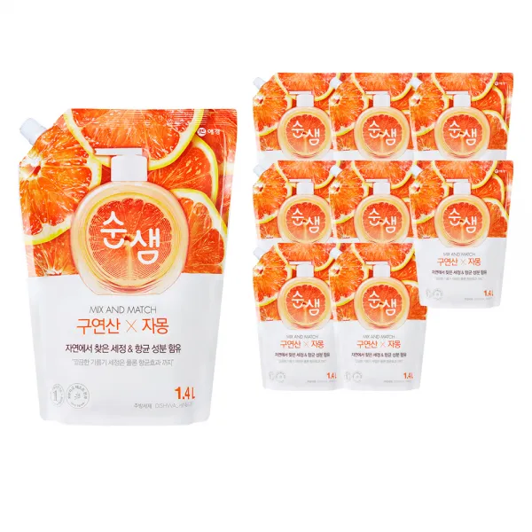 순샘 구연산 자몽 주방세제 리필, 1.4L, 9개