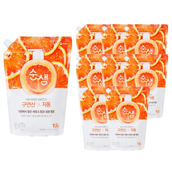 순샘 구연산 자몽 주방세제 리필, 1.6L, 9개
