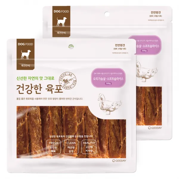 굿데이 건강한육포 반려견 간식, 오리가슴살 소프트슬라이스 맛, 2개입