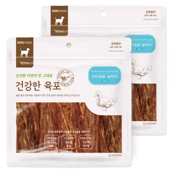 굿데이 건강한육포 반려견 간식, 오리가슴살 슬라이스 맛, 2개입