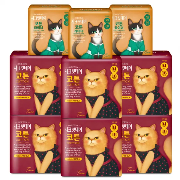시크릿데이 코튼 중형 생리대 날개형 16p X 6팩 + 일반 팬티라이너 20p X 3팩 1세트