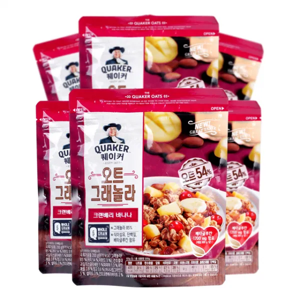 롯데제과 퀘이커 오트 그래놀라 시리얼 크랜베리바나나 200g 6개입