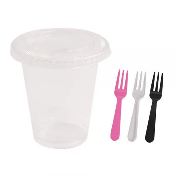 봄91 F 11 330ml 평면형 투명 디저트컵 50p +ty 세발 미니포크 50p 랜덤 발송 1세트