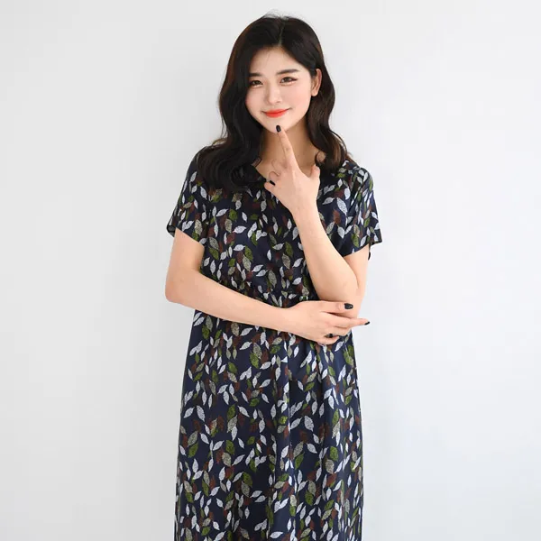속옷미인 여성용 풍기인견 컬러리프 반팔 원피스